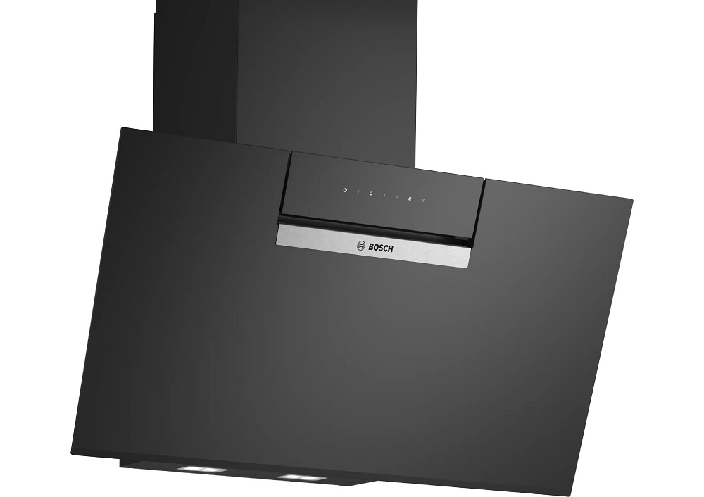 Product view of the black Bosch DWK87FN60 wall-mounted chimney hood featuring an ergonomic slanted design, a minimalist touch control panel, and a stainless steel accent bar with the Bosch logo.