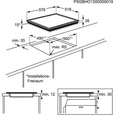 Technical drawing showing installation dimensions (576 x 516 mm) and cutout measurements for the hob.