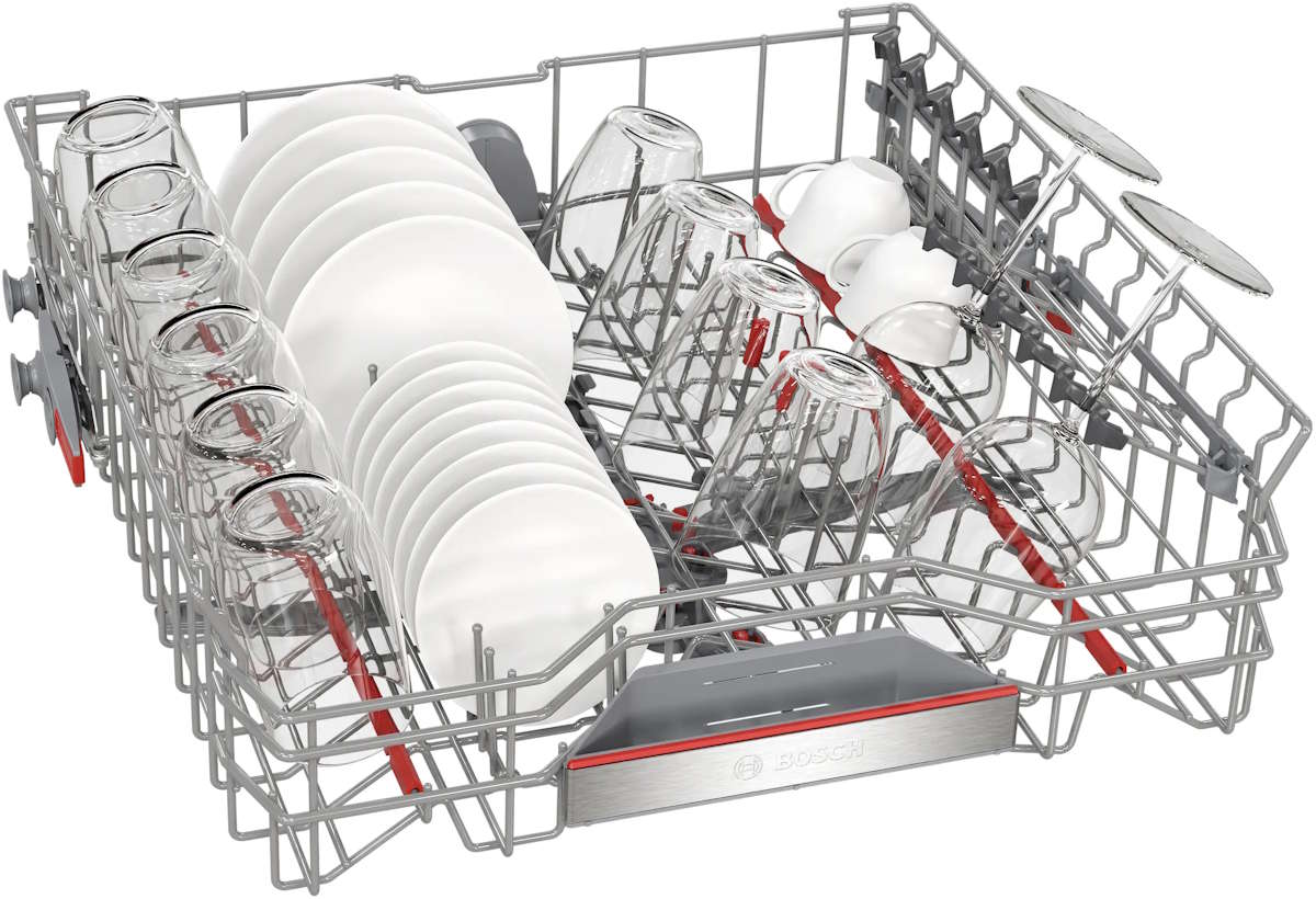 Höhenverstellbarer Oberkorb mit Rackmatic und blauen Markierungen für flexible Beladung.