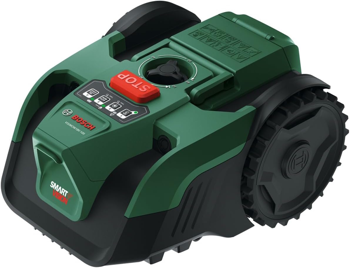 Bosch Mähroboter VISIMOW 18V-100 Solo in der Frontansicht, kabelloser Akku-Mähroboter für Rasenflächen bis 100 m² ohne Begrenzungskabel