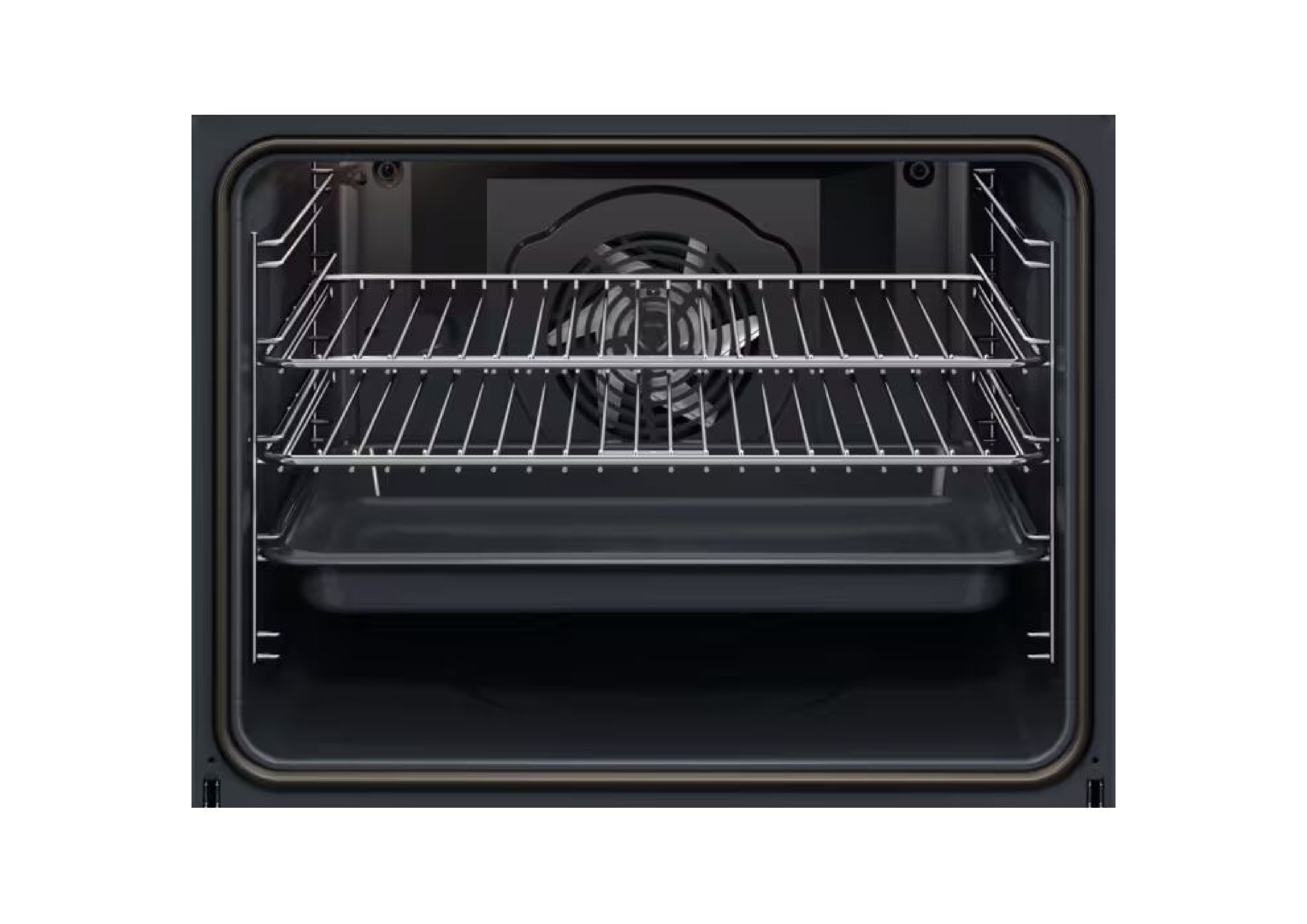 Interior view of the oven with two wire racks and a baking tray