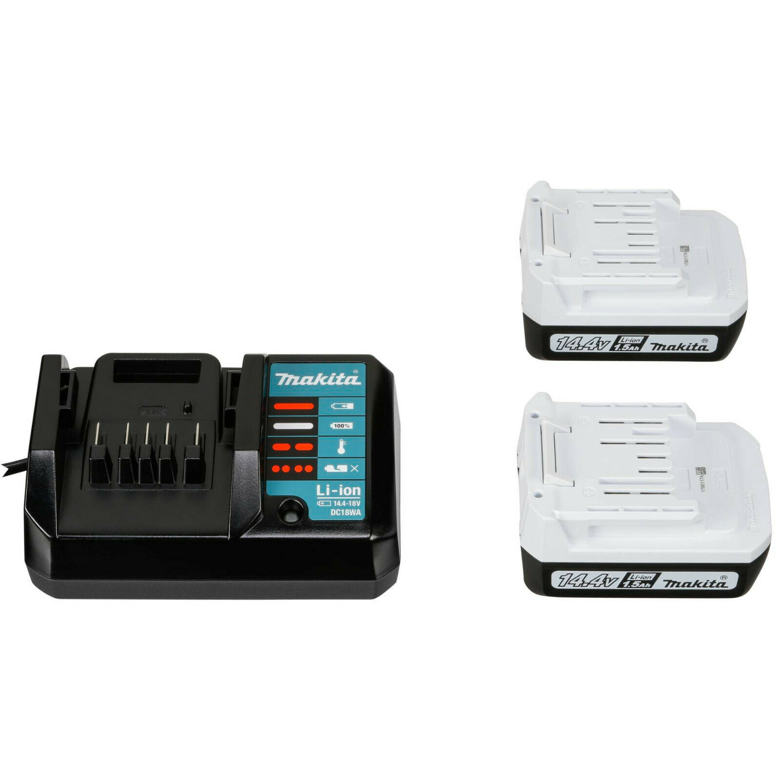 Makita DF347DWLX1 – Akkuladegerät mit Akkus. Makita DF347DWLX1 Akkuladegerät mit zwei Akkus, Ladeanzeigen sichtbar.
