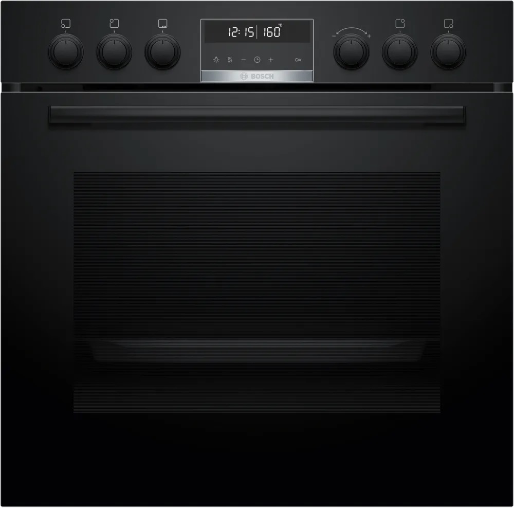 Bosch HND679LS62 Standherd in Schwarz mit integriertem Induktionskochfeld, Drehreglern und Digitalanzeige für Backofenfunktionen.