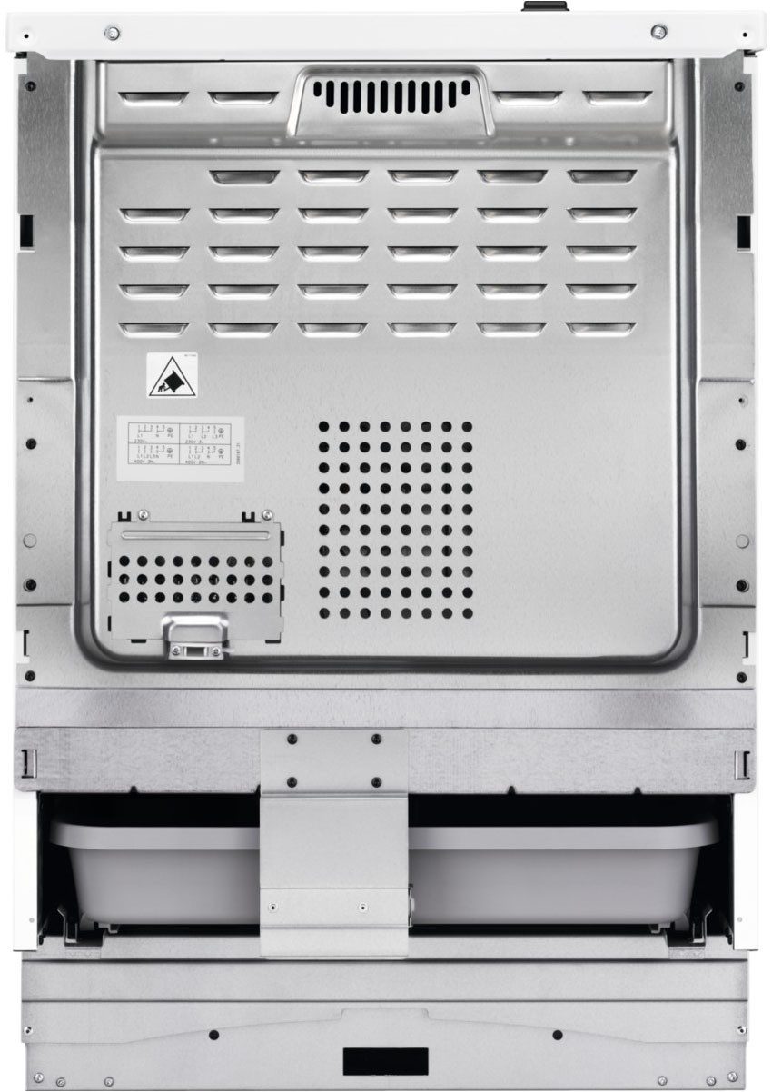 Rückansicht bzw. Rückseite des Standherds mit den technischen Anschlussbereichen für Elektroanschluss.