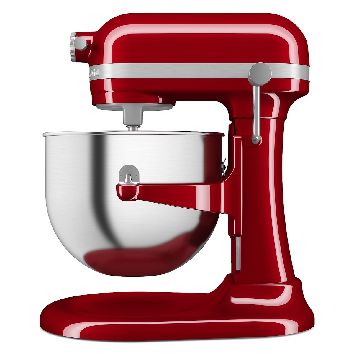 KitchenAid 5KSM70JPXEER – Rechte Ansicht mit Rührschüsselverstellung Rechte Seitenansicht der KitchenAid 5KSM70JPXEER mit sichtbarer Rührschüsselverstellung.