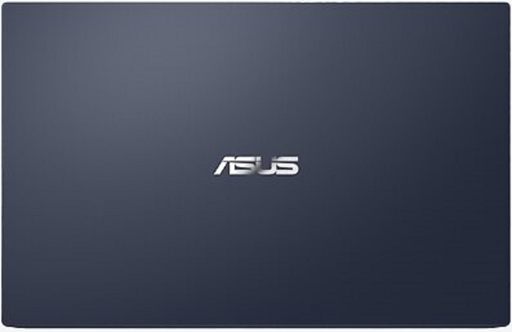 ASUS ExpertBook B1 B1402CBA, von oben betrachtet, geschlossenes Gehäuse in dunkelgrauer Farbe.