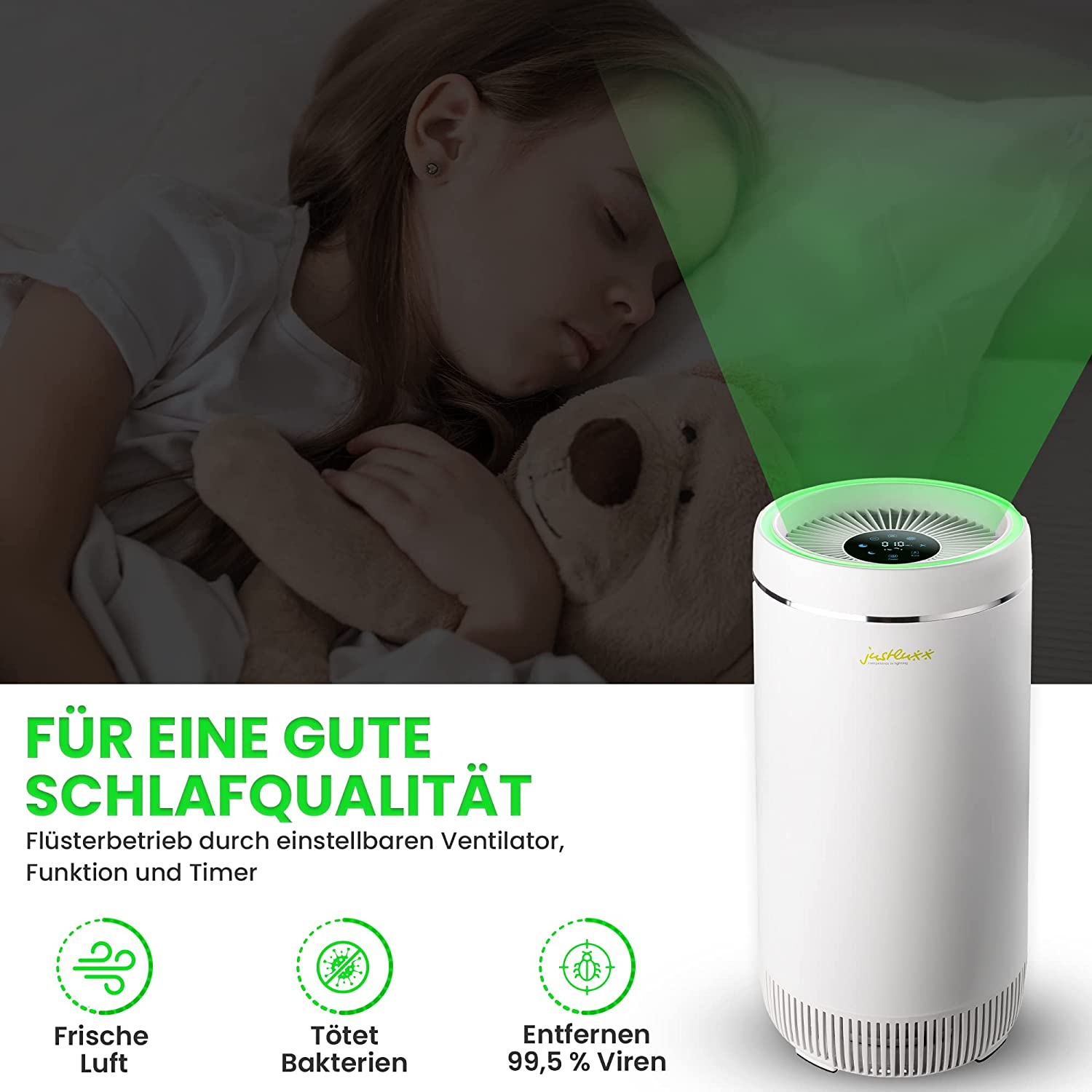 Justluxx Amax3 Luftreiniger, Szene im Schlafzimmer für bessere Schlafqualität.