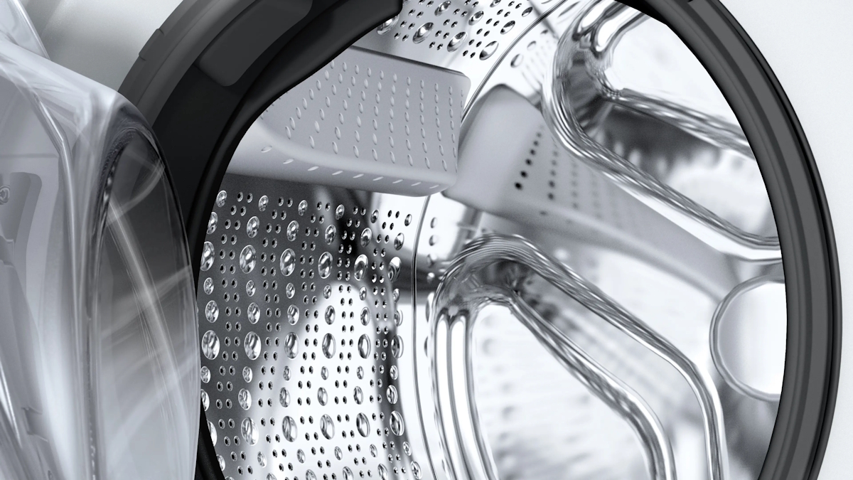 Innenansicht der 65-Liter-Trommel der Bosch WGE0242H Waschmaschine mit ActiveWater-Plus-Beladungserkennung