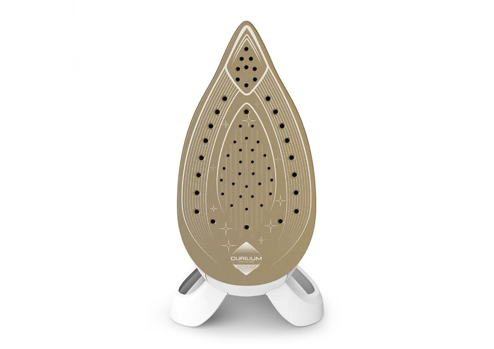 Detailansicht der Durilium Airglide Autoclean Bügelsohle mit optimaler Dampfverteilung und goldfarbenem Finish.