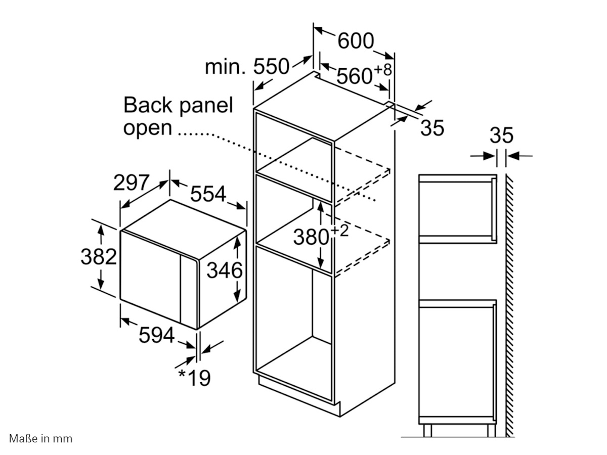 Technische Skizze mit Einbaumaßen für 60cm Breite und 38cm Nischenhöhe.