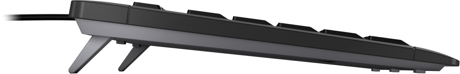 Cherry STREAM Tastatur in Schwarz, US-Layout – linke Seitenansicht mit ausgeklappten Stützen.
