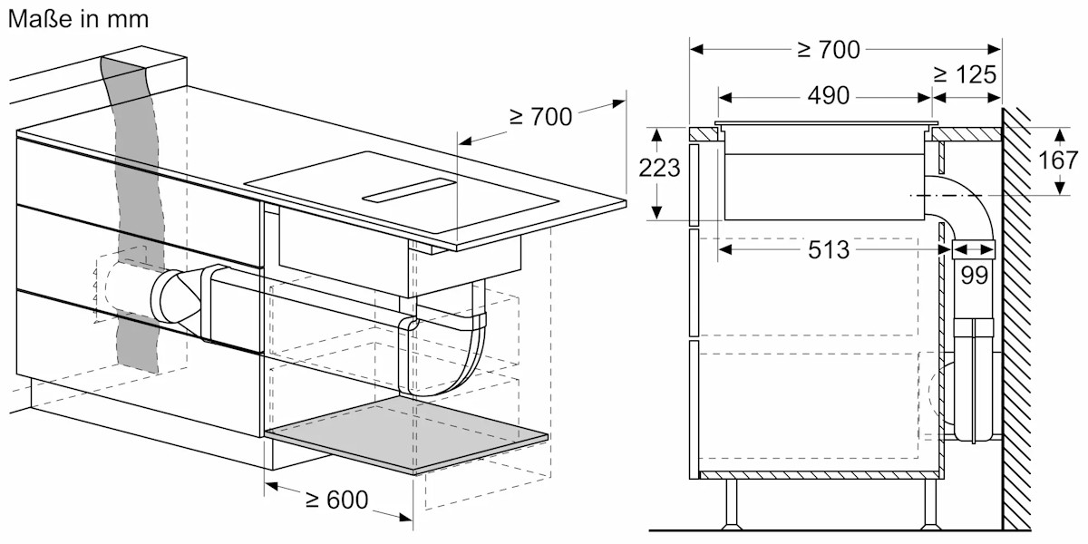Installation dimensions for guided recirculation mode including cabinet cutout dimensions.