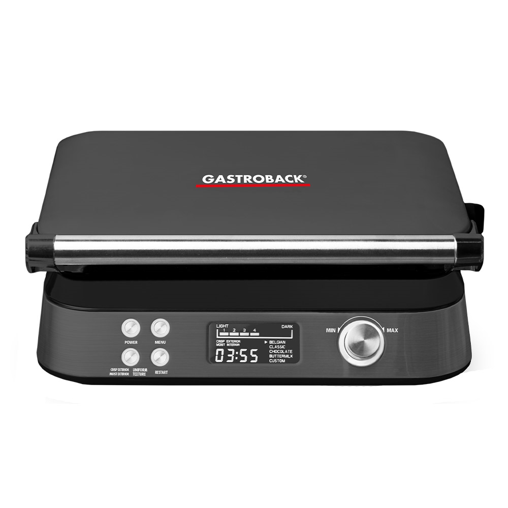 Gastroback 42449 Waffeleisen Advanced Control Black Edition, matt-schwarze Frontansicht mit LCD-Display