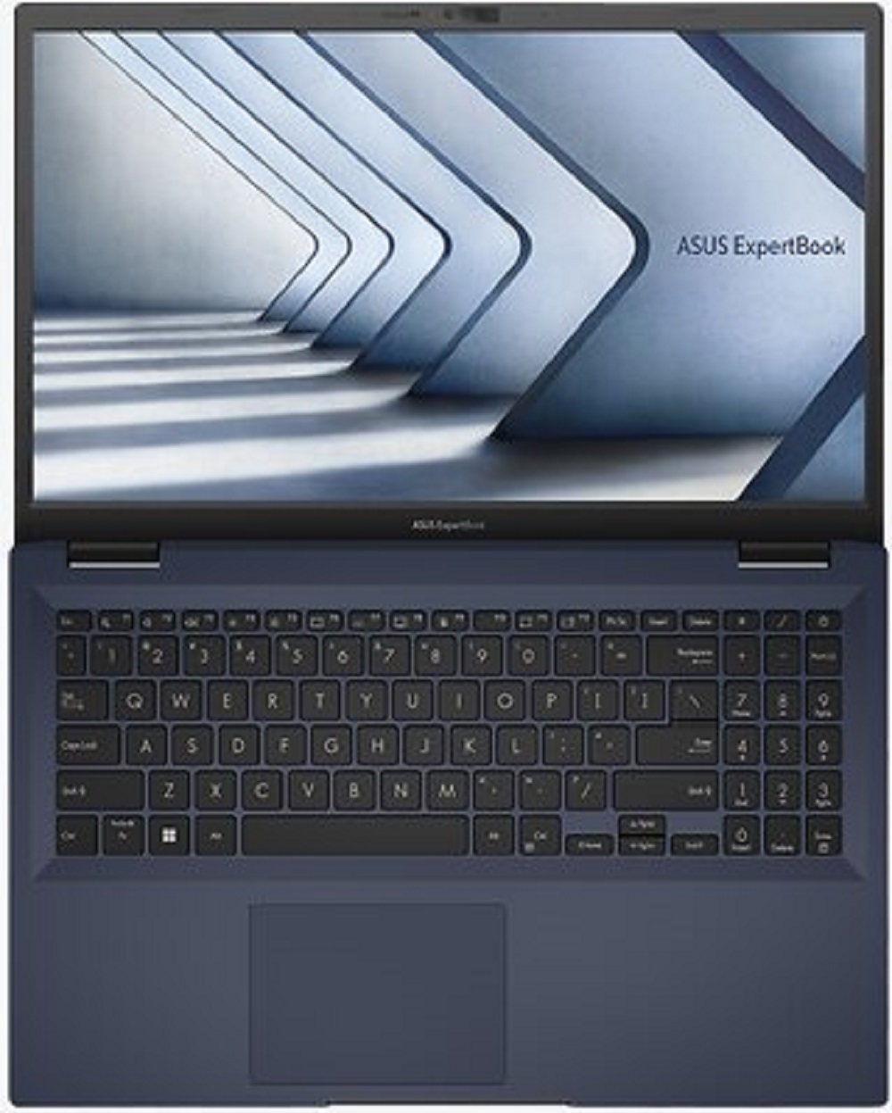 ASUS ExpertBook B1 B1402CBA, von oben betrachtet, geöffnet mit sichtbarem Display und Tastatur.