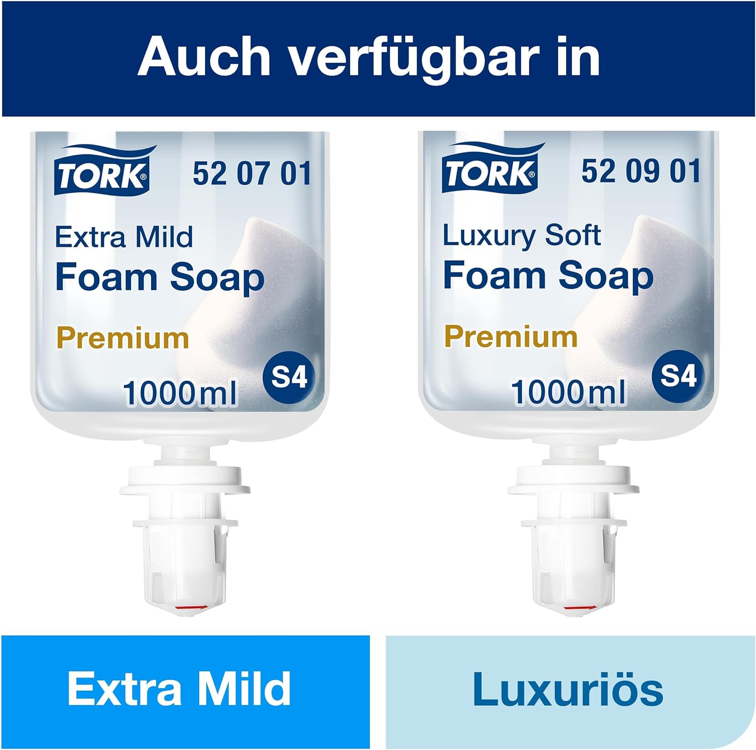 Tork Schaumseife, Hinweis auf verfügbare Varianten Mild und Luxuriös.
