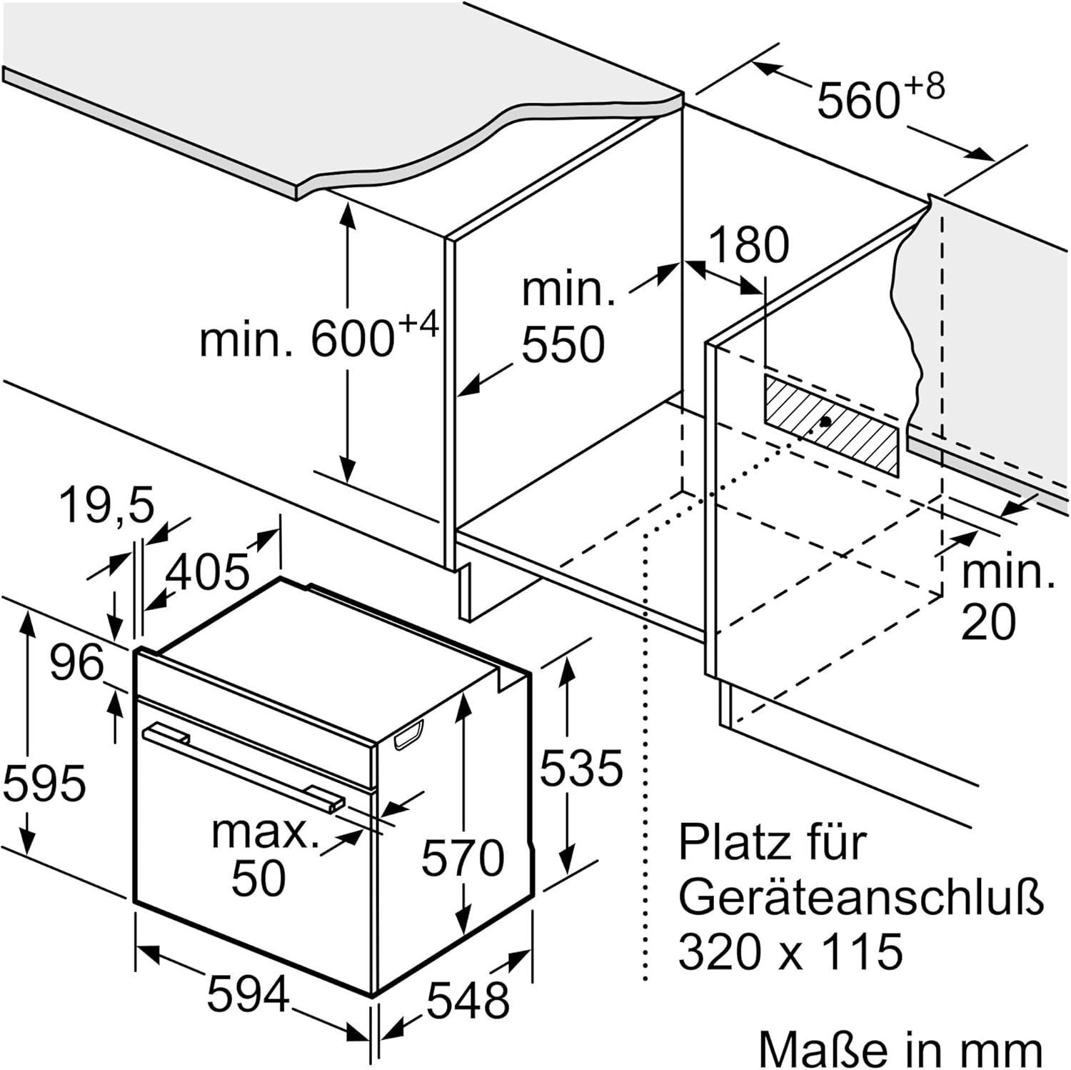 Installation sketch for mounting the Bosch oven under a standard countertop.