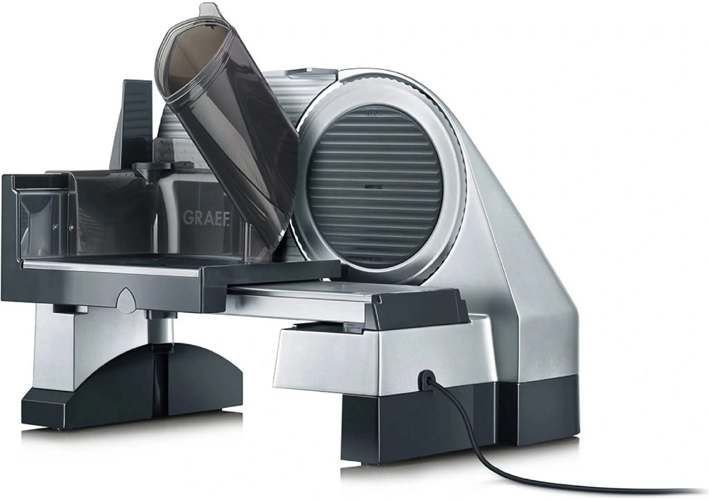 Rückansicht des silbernen Graef SKS 500 Allesschneiders mit montiertem MiniSlice-Aufsatz auf dem Schlitten.
