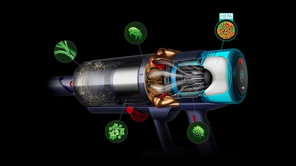 Graphic showing the Dyson Gen5 HEPA filtration capturing microscopic particles like allergens and pollen.