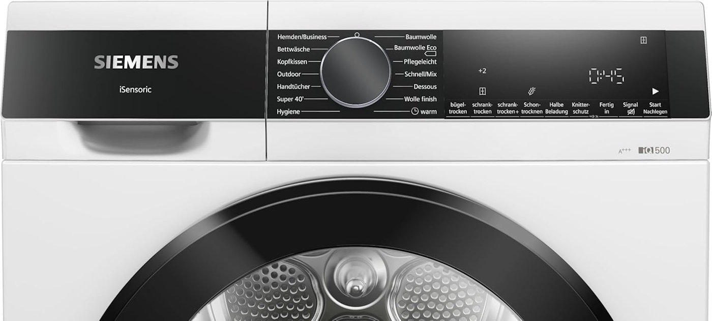 Detailaufnahme des LED-Display und Drehwahlrades beim Siemens iQ500 Trockner