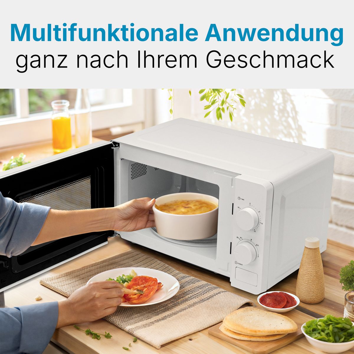 Bomann MW 6014 CB Mikrowelle 20 Liter | 700 Watt Leistung | Mit Glas-Drehteller Ø 24.5cm | 6 Leistungsstufen | Weiß & Silber