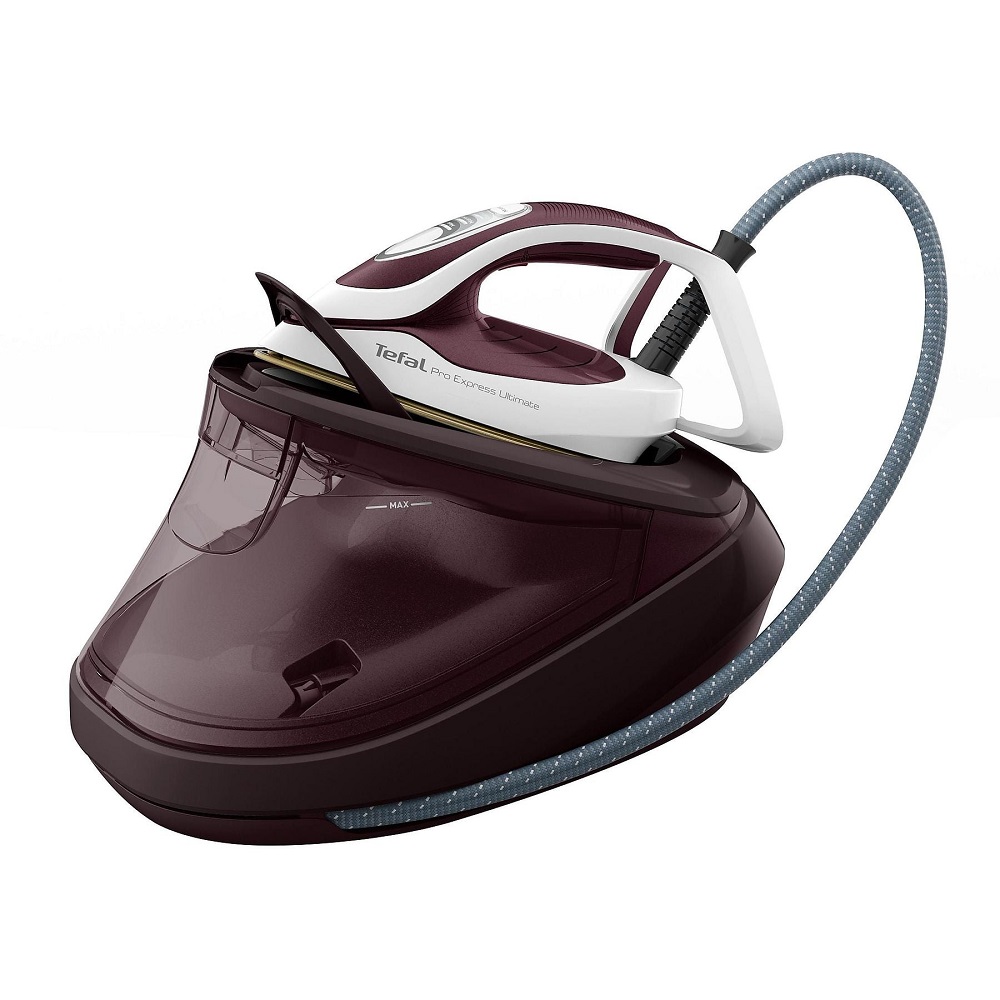 Rückansicht der Station mit dem sicher verriegelten Bügeleisen und dem robusten Textildampfschlauch.