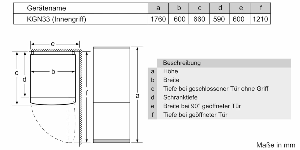 Technical specifications of the Bosch KGN33NWEB: 282 L total capacity (193 L fridge / 89 L freezer), climate class SN-T, 4-star freezer, reversible right-hand door hinge