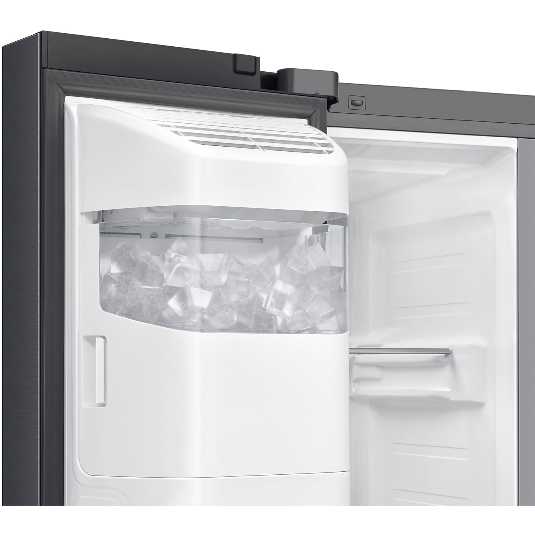 View of the transparent in-door ice maker of the Samsung Side-by-Side refrigerator with a full supply of ice.
