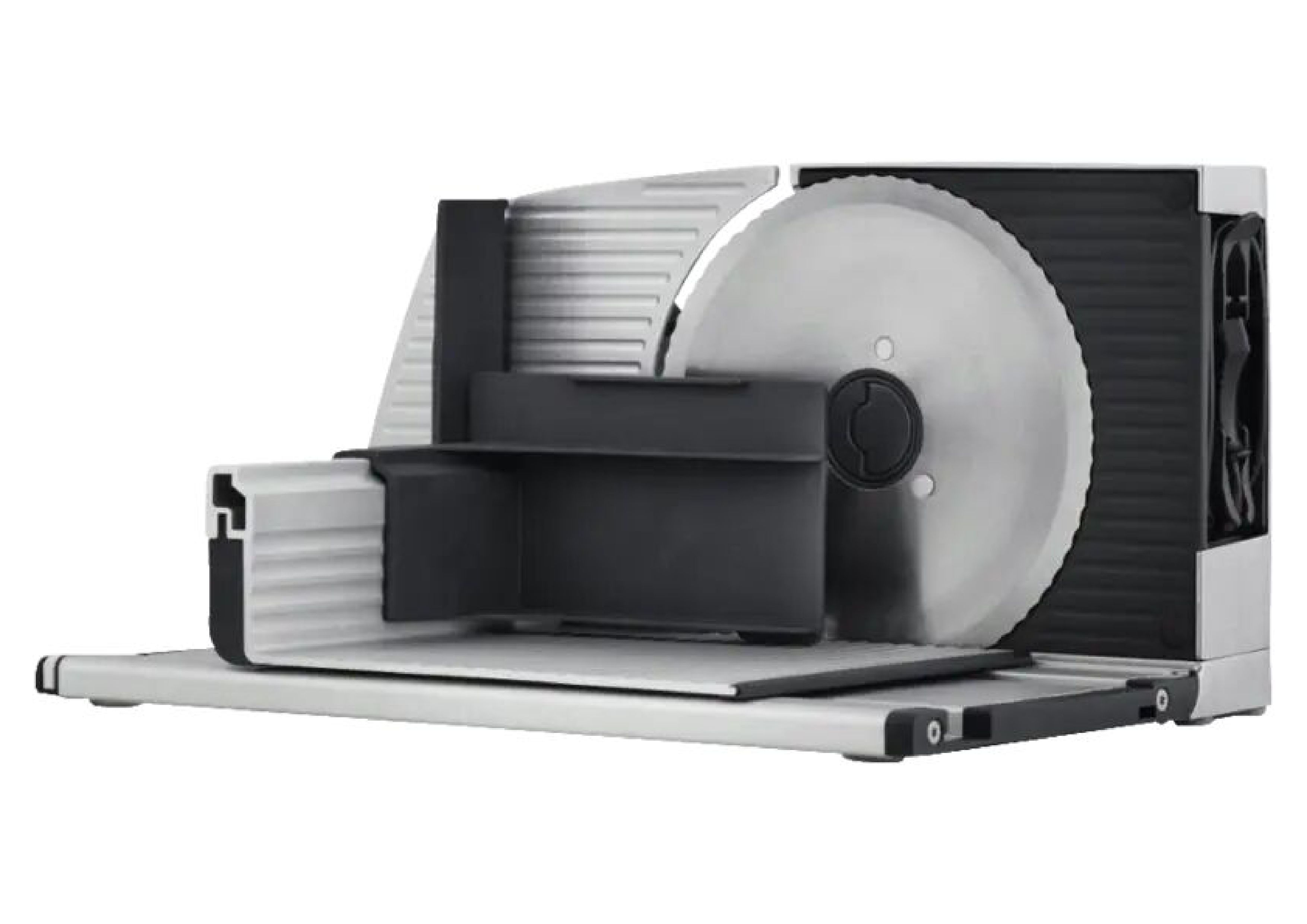 Rear view of the food slicer showing the circular stainless steel blade and carriage