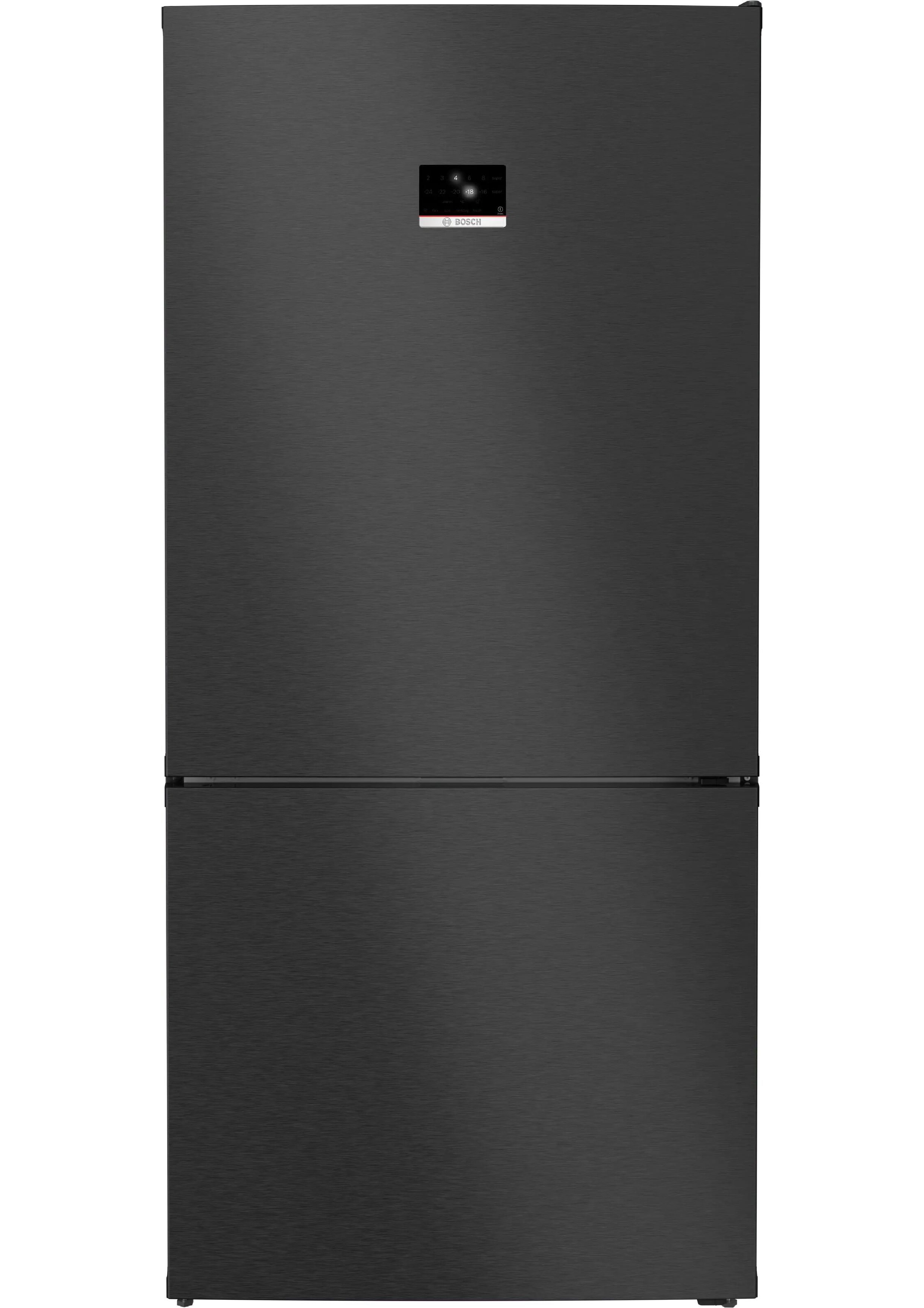Frontansicht einer Bosch Kühl-Gefrier-Kombination in dunklem Edelstahl mit externem Display.
