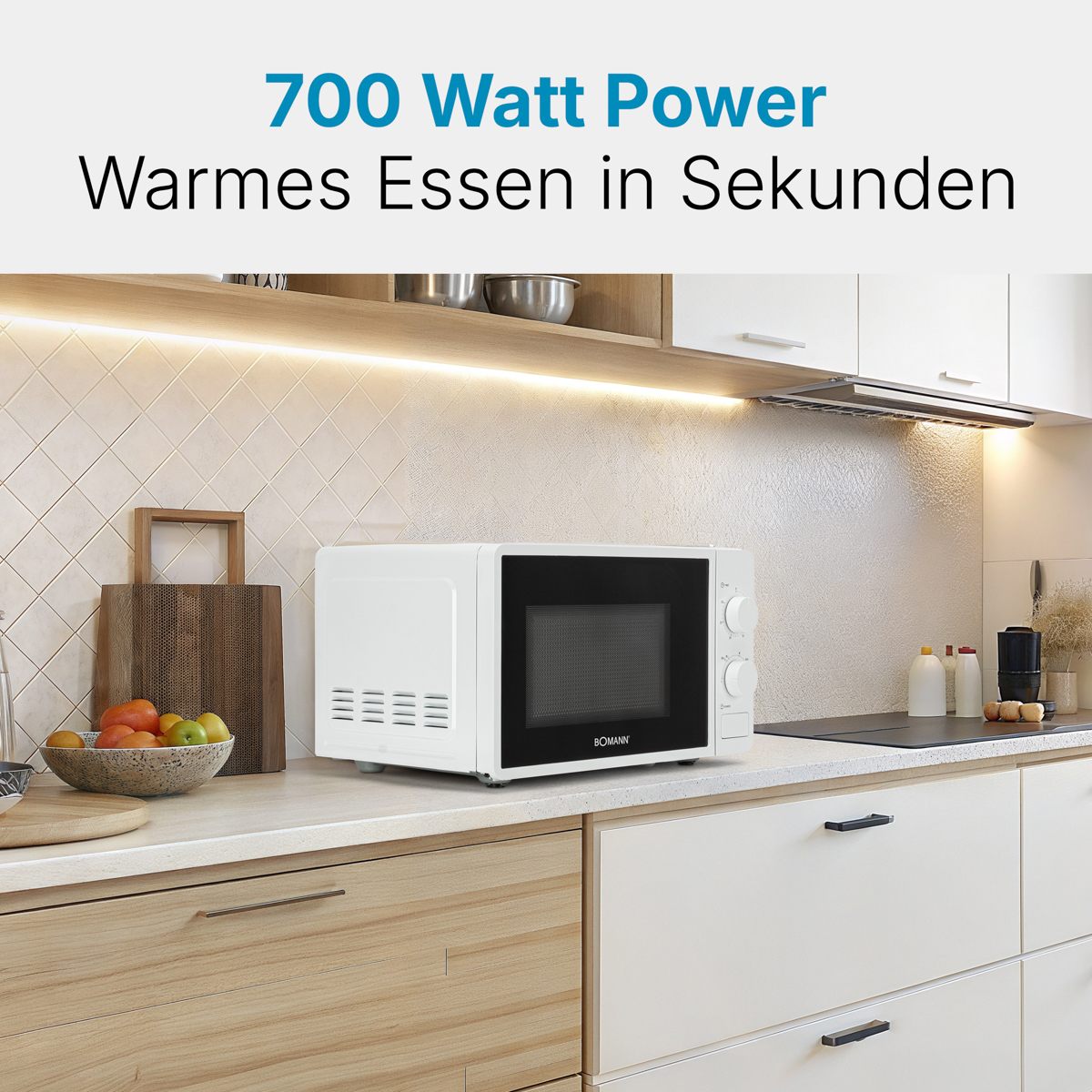 Bomann MW 6014 CB Mikrowelle 20 Liter | 700 Watt Leistung | Mit Glas-Drehteller Ø 24.5cm | 6 Leistungsstufen | Weiß & Silber