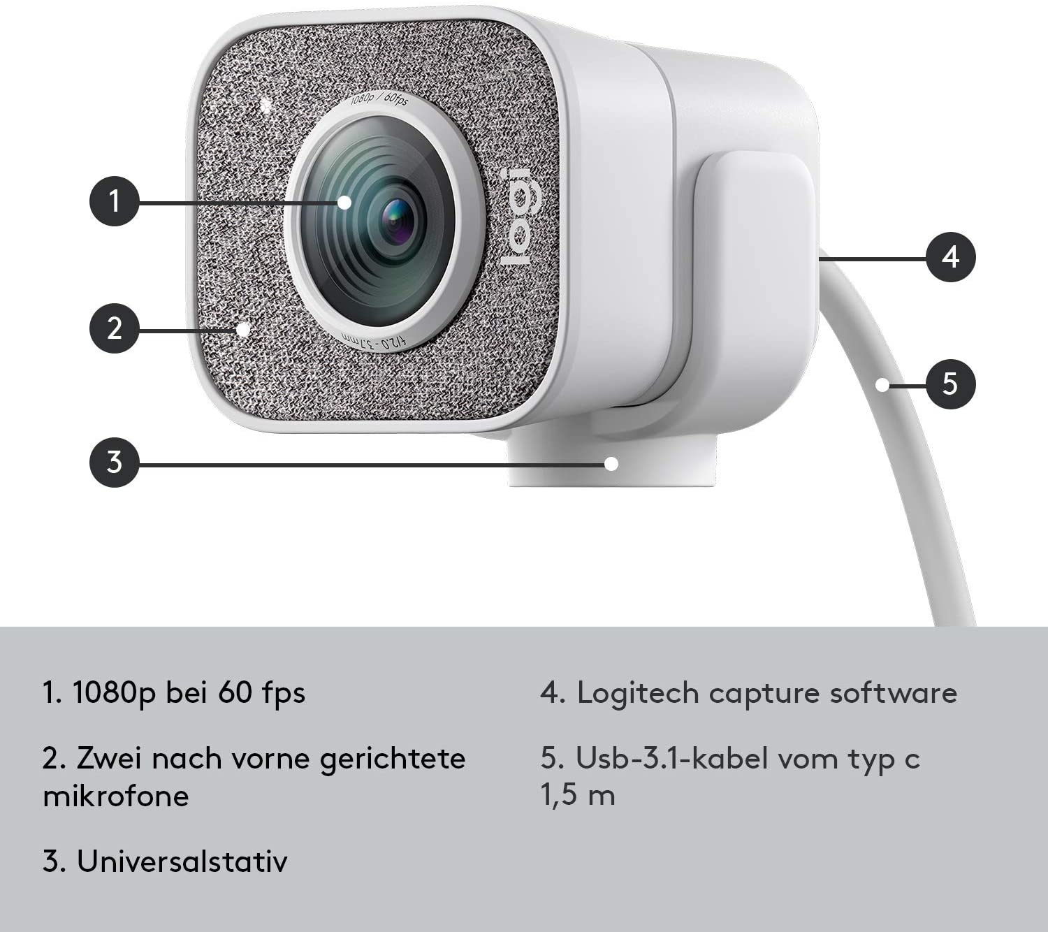Logitech StreamCam – Ausstattung im Lieferumfang Logitech StreamCam in Weiß mit USB-C Kabel und Ausstattung