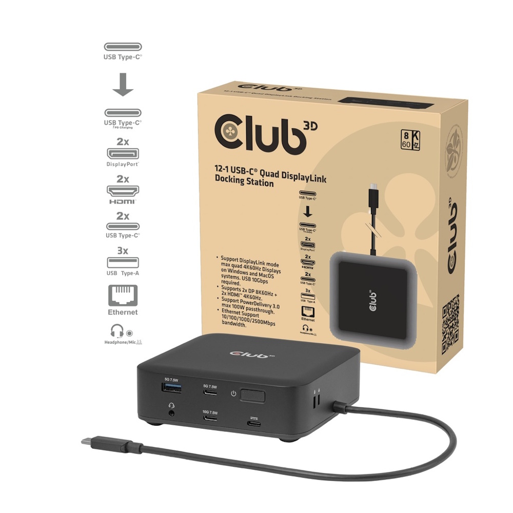 CLUB3D CSV-2542 12-1 USB-C® Quad DisplayLink Dockingstation 2x DisplayPort™ 8K60Hz + 2x HDMI™ 4K60Hz PD3.0 100 W Ethernet 2.5G