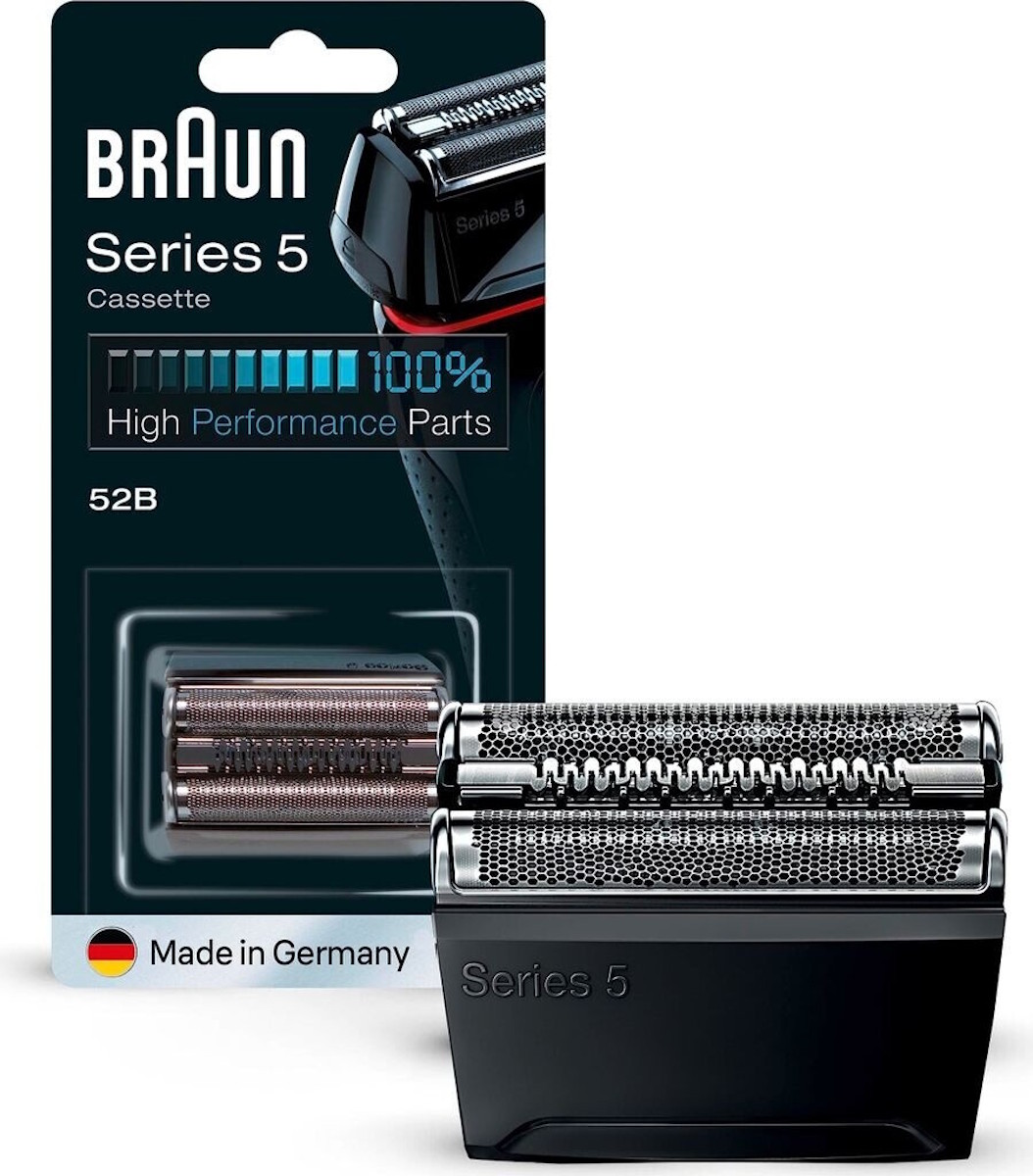 Unboxed black Braun 52B replacement head on a white background.