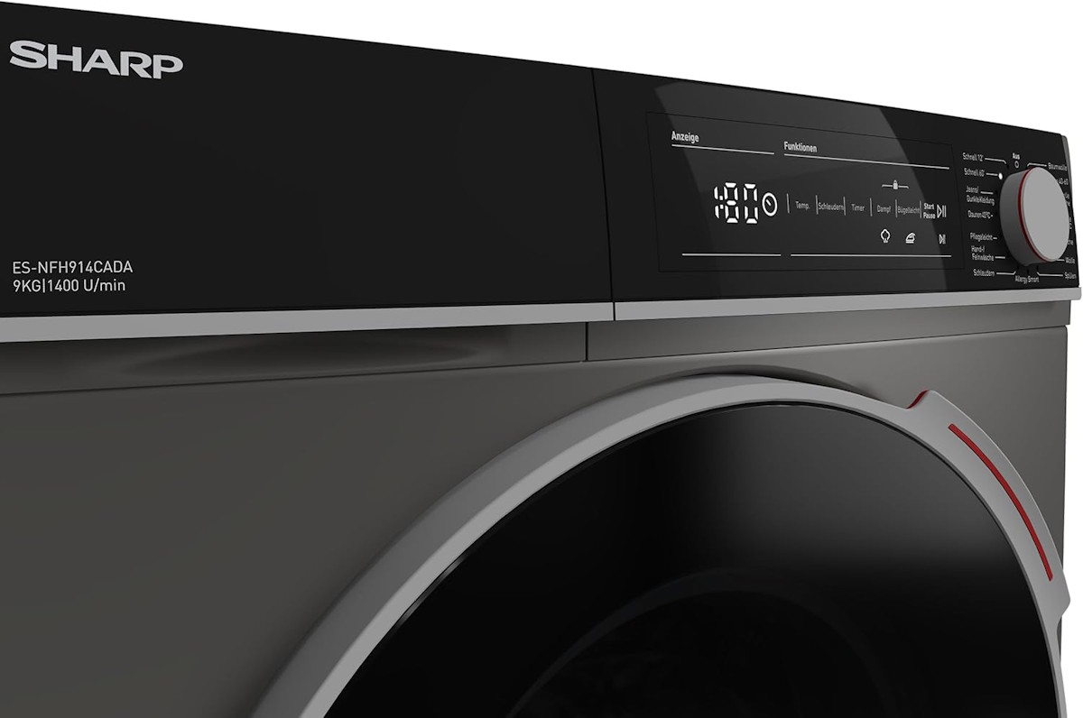 Close-up of the Sharp washing machine control panel with programs and LED display.