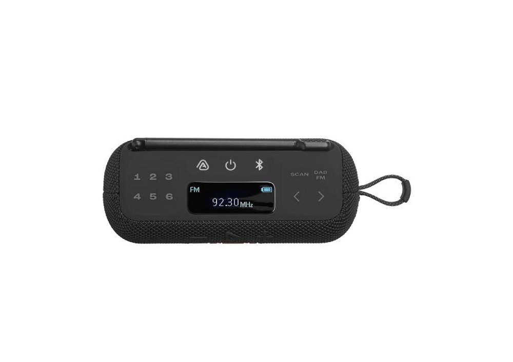 Draufsicht auf das JBL Tuner 3 mit den 6 Stationstasten, Bluetooth- und Power-Knöpfen sowie dem LCD-Display, das die UKW-Frequenz 92.30 MHz anzeigt.