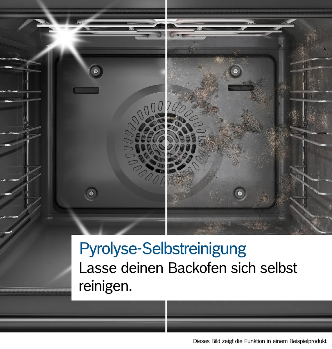 Pyrolytische Selbstreinigung des Bosch HMG776NB1 – Garraum wird auf bis zu 500 °C erhitzt, Fett verbrennt rückstandslos