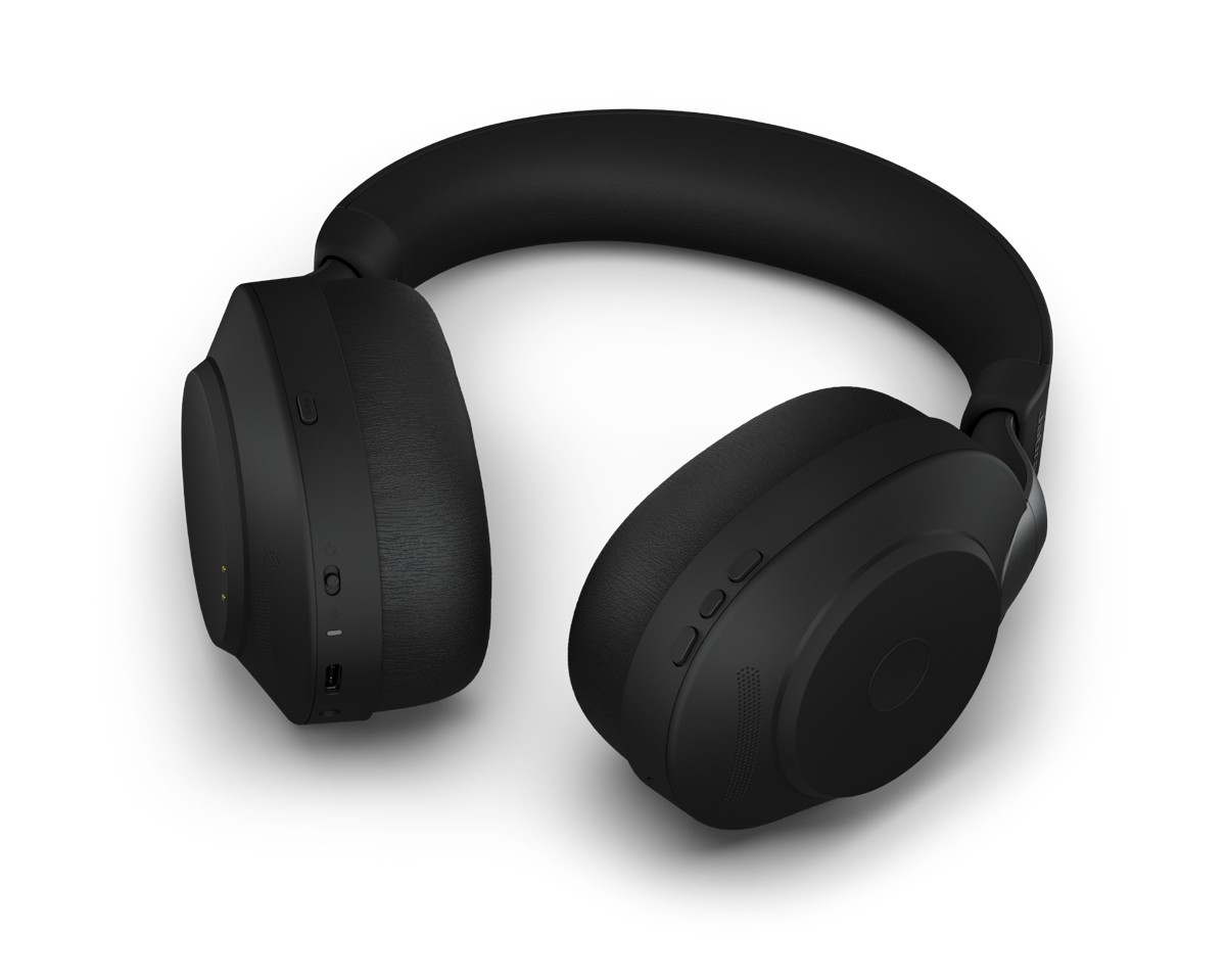 Kabelloses Jabra Evolve2 85 Headset schräg von vorne mit eingeklapptem Mikrofonarm für diskretes Design.