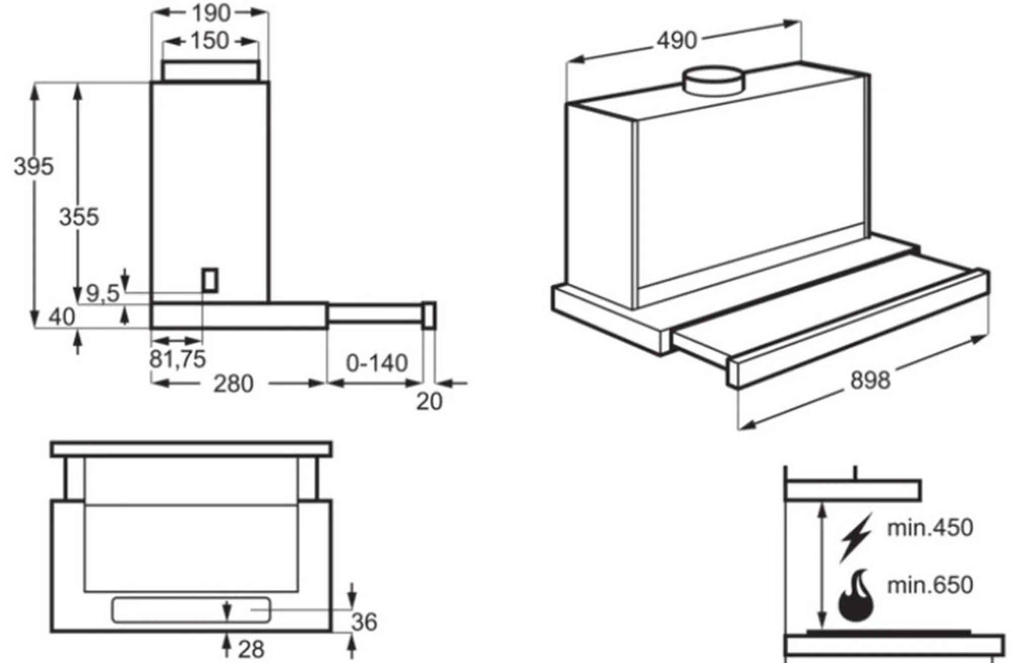 AEG DPE5960M – Maßzeichnung mit Einbau- und Gehäusemaßen in Millimeter Technische Zeichnung der AEG DPE5960M Flachschirm-Dunstabzugshaube mit Maßangaben: Breite 898 mm, Tiefe 284 mm, Einbautiefe 300 mm