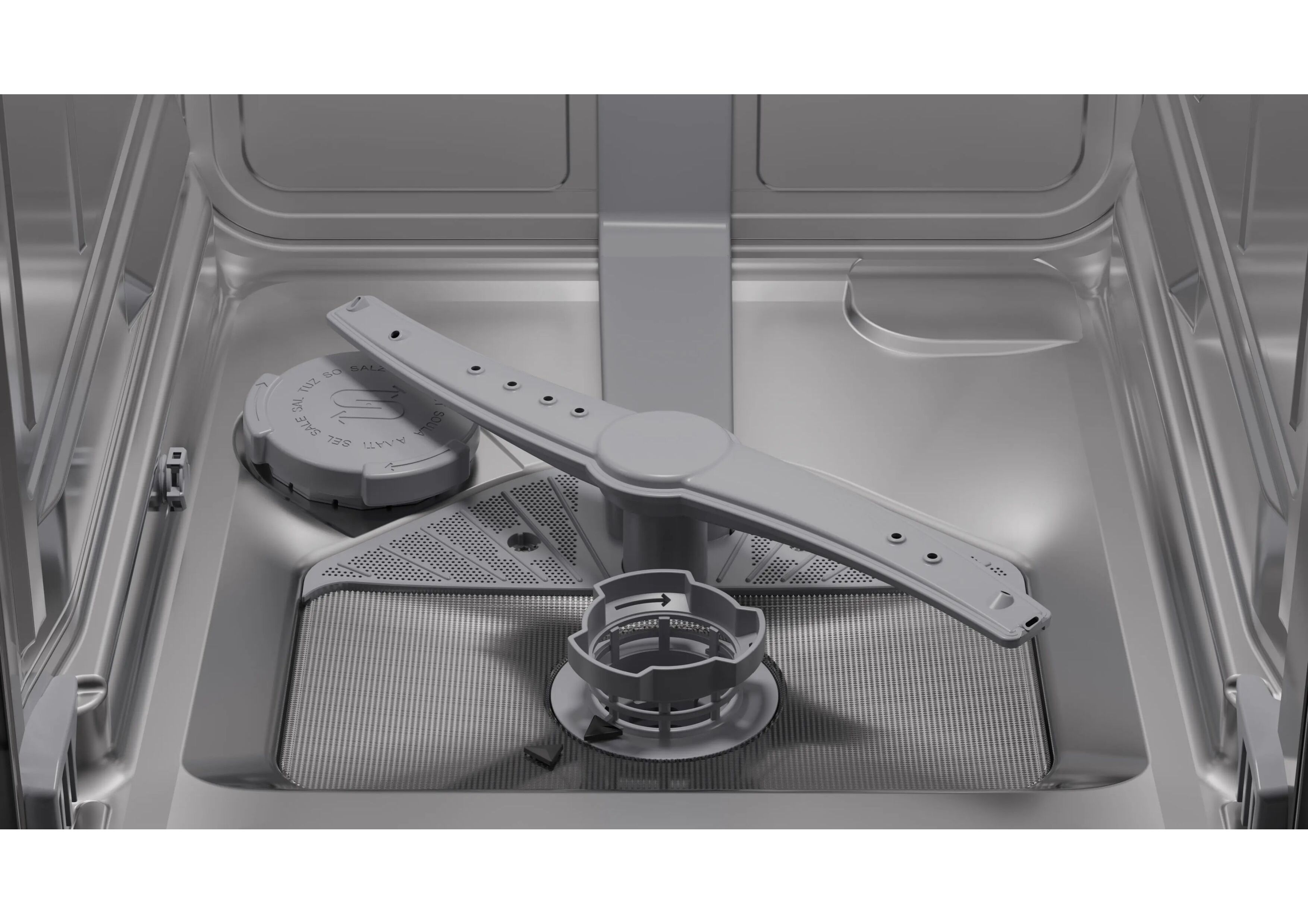 Unterer Sprüharm und Filtersieb im Innenraum des Bosch Geschirrspülers