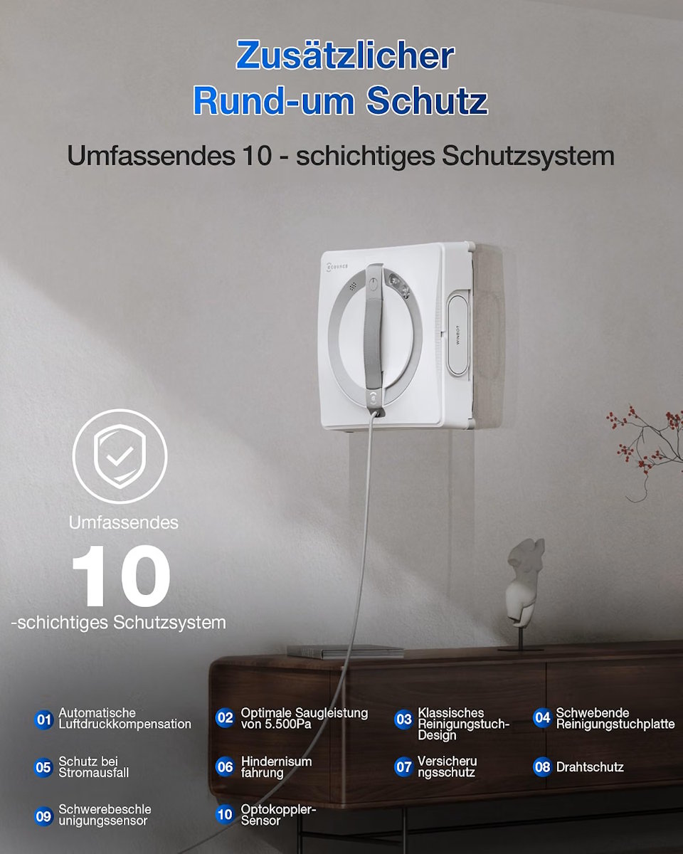 Ecovacs WINBOT W2 PRO WG852 with ECOVACS HOME app on smartphone showing cleaning modes, real-time overview and remote control function