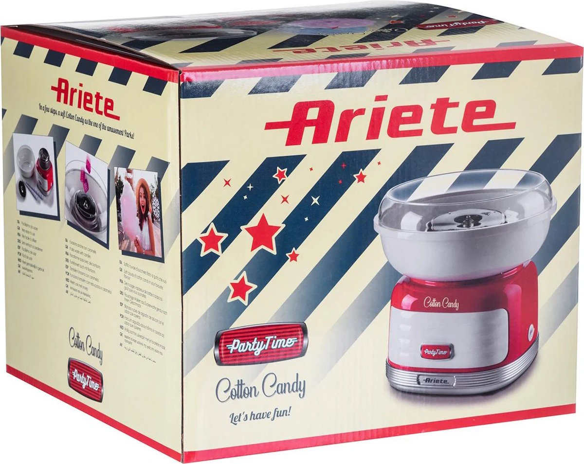 ARIETE Zuckerwattemaschine, Produktverpackung mit Abbildung der Maschine und Produktinformationen. ARIETE Zuckerwattemaschine, Produktverpackung mit Abbildung der Maschine und Produktinformationen.