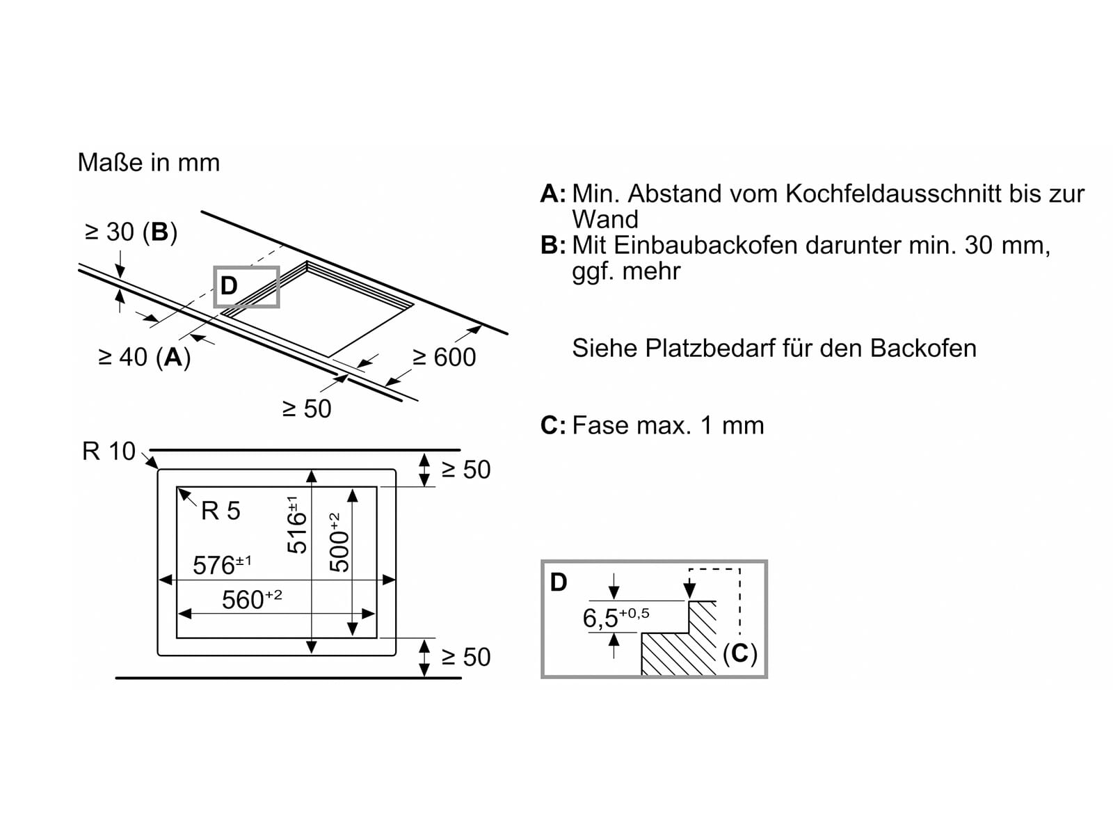  Neff T56PTF1L0 Induktionskochfeld Einbauskizzen mit Einbaumaßen