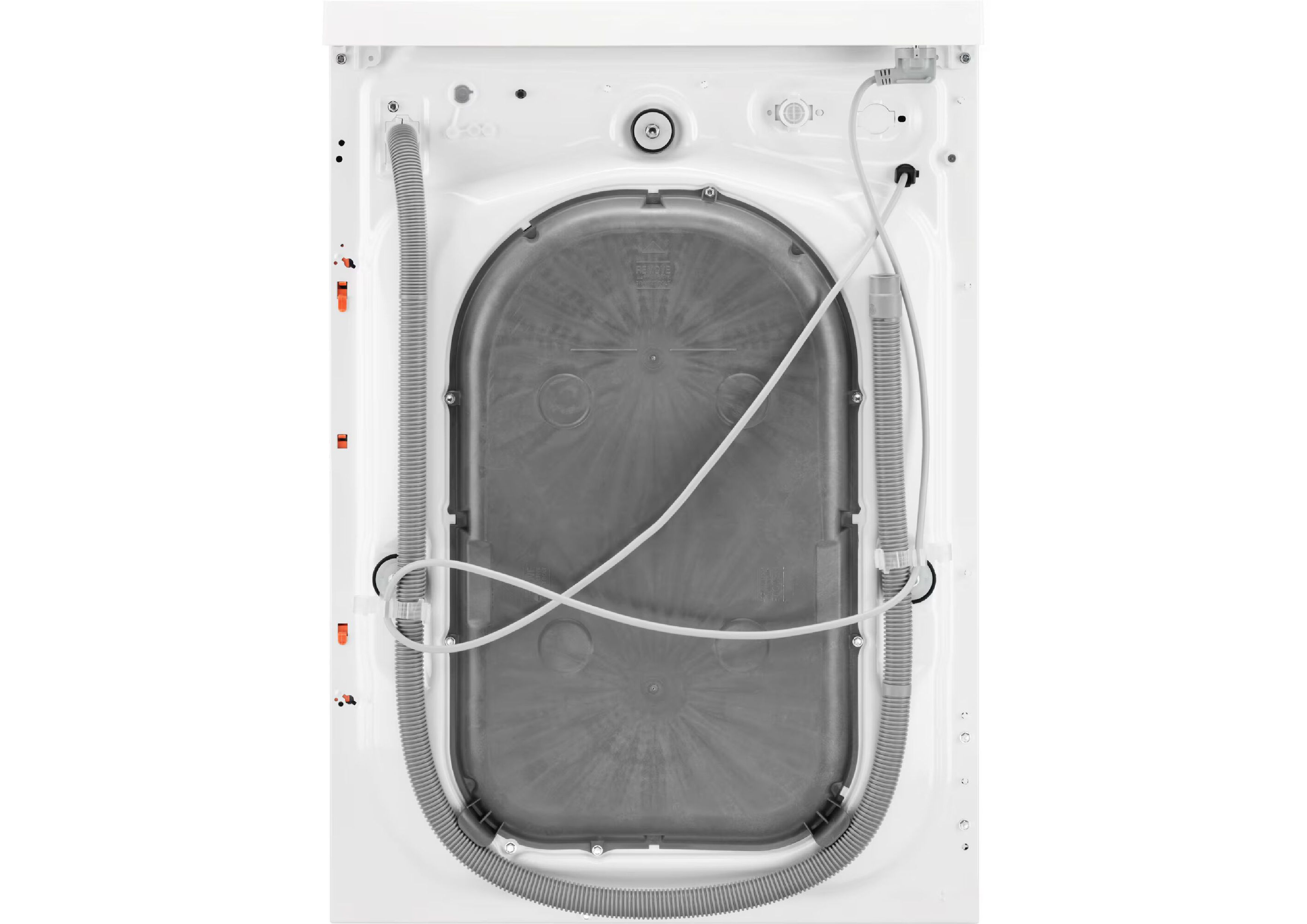 Rückseite des Waschtrockners mit vormontierten Schläuchen und Netzkabel
