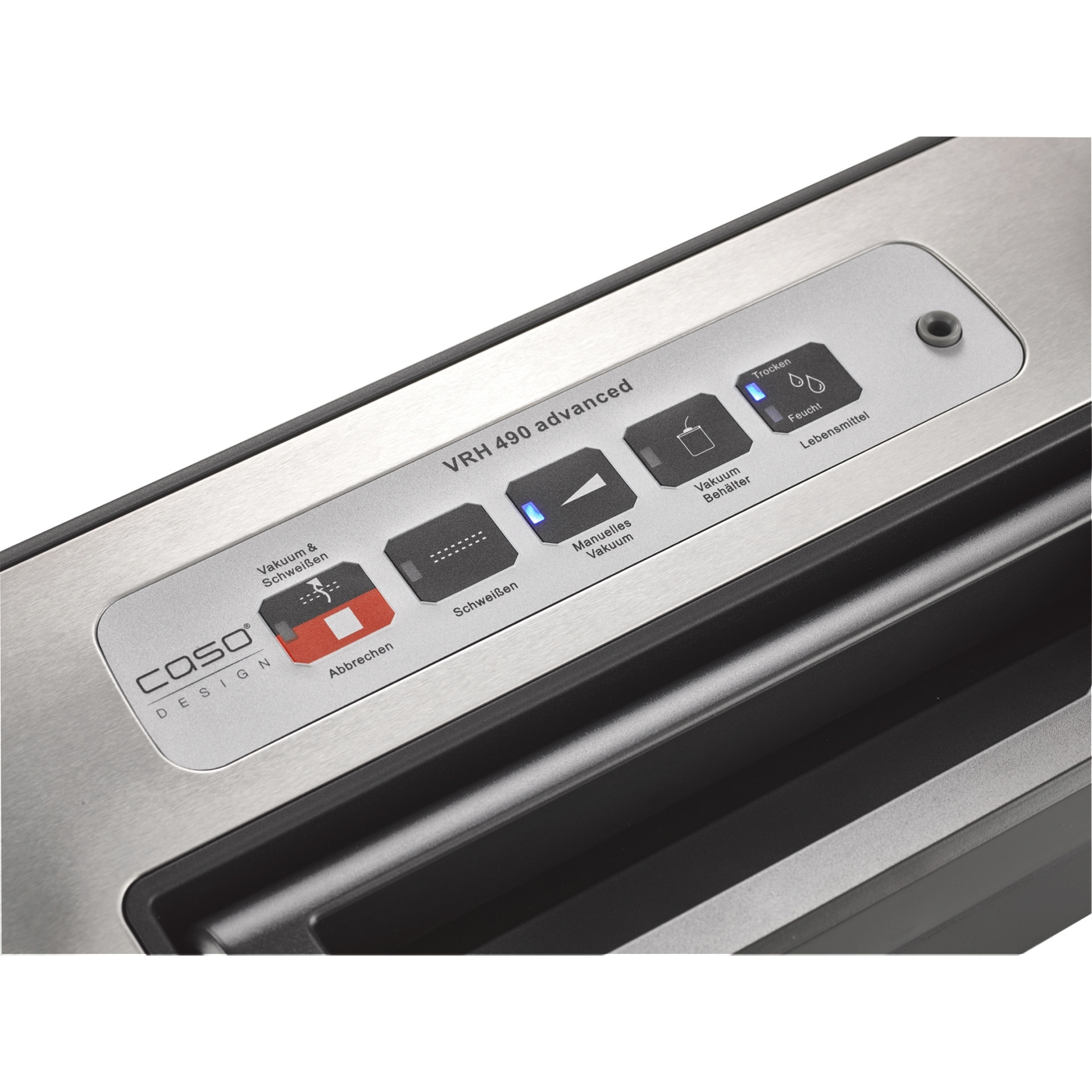 Bedienfeld des CASO VRH 490 Advanced. Nahaufnahme des Soft-Touch-Bedienfelds vom CASO VRH 490 Advanced Vakuumierer.