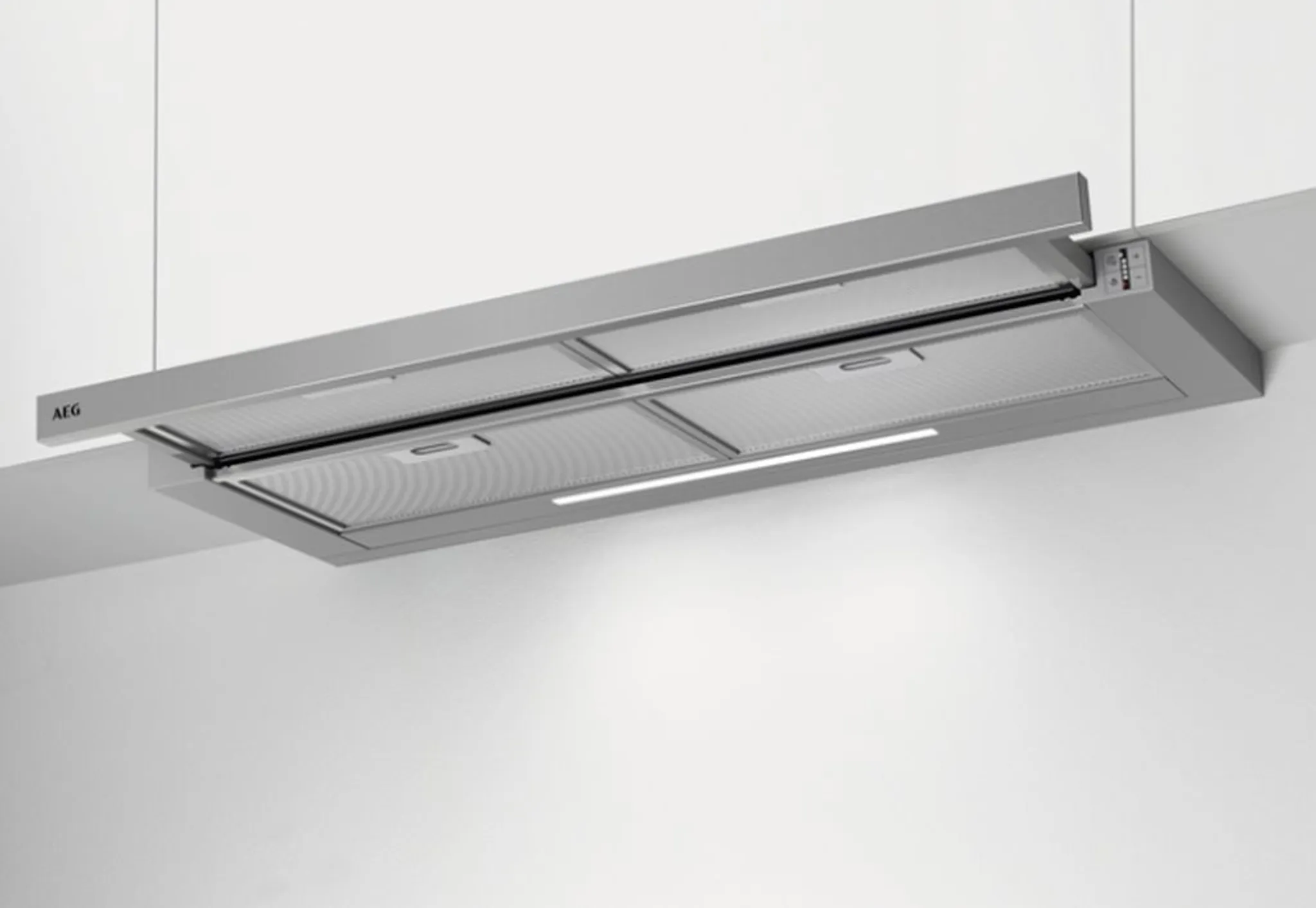 AEG DPE5960M – Flachschirmhaube 90 cm eingebaut und eingefahren EG DPE5960M Flachschirmhaube 90 cm ingrauer Einbauversion im eingefahrenen Zustand