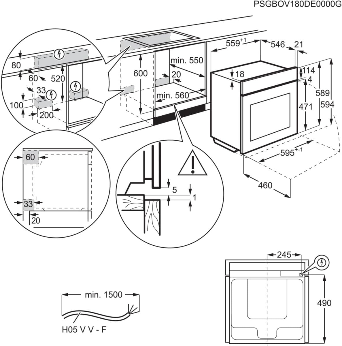 Technical drawing with dimensions for under-counter oven installation