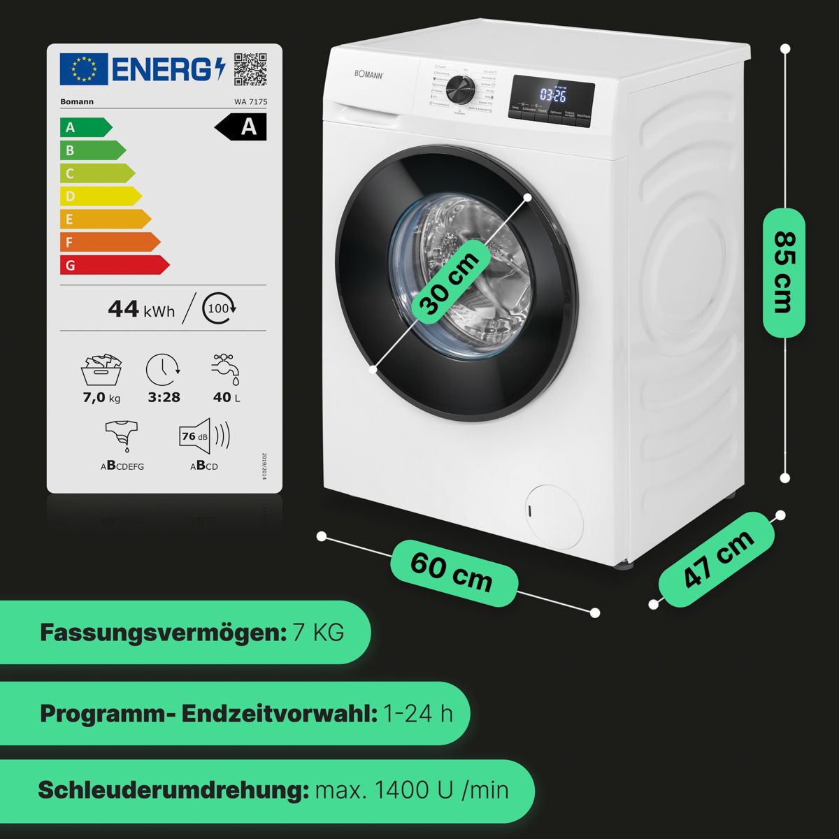 Seitenansicht der Bomann WA 7175 mit Maßen und Energielabel
