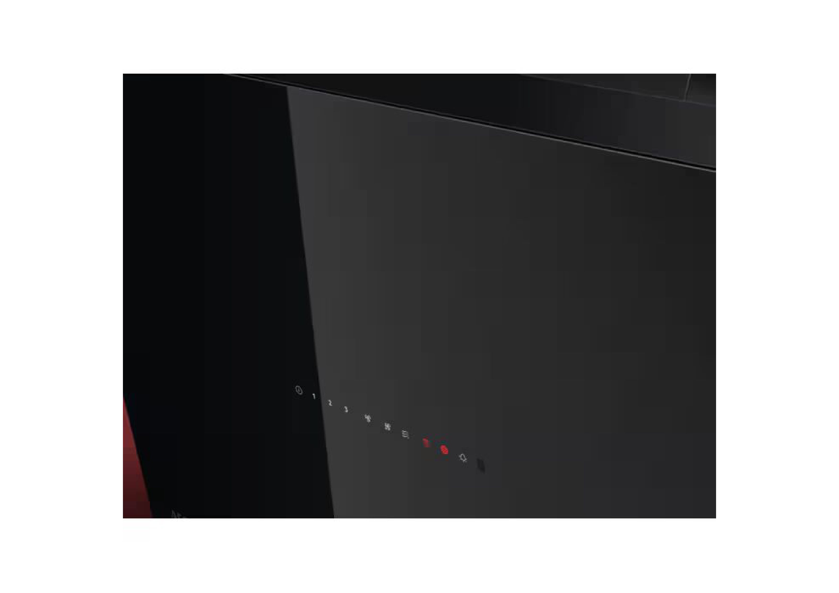 Side view of the glossy black glass surface with subtly glowing controls and the AEG logo at the bottom.