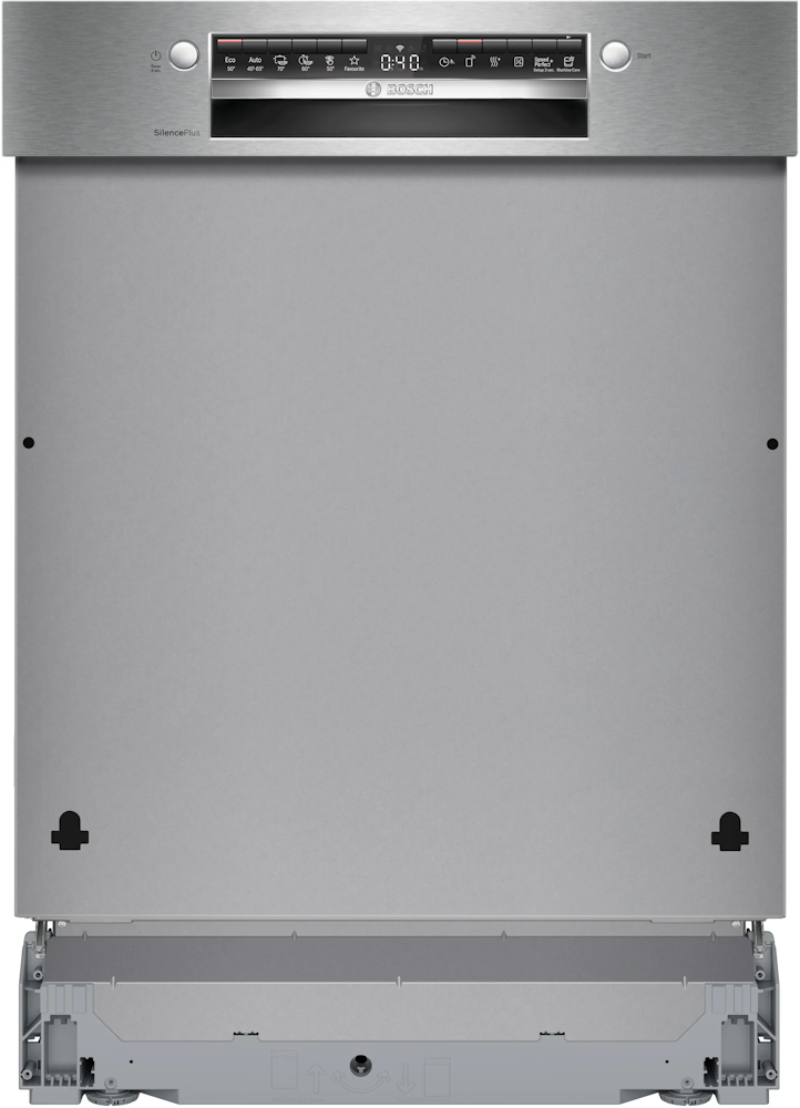 Bosch SBI4ECS28E mit sichtbaren Befestigungsscharnieren für die Möbelfronttür am unteren Gerätebereich