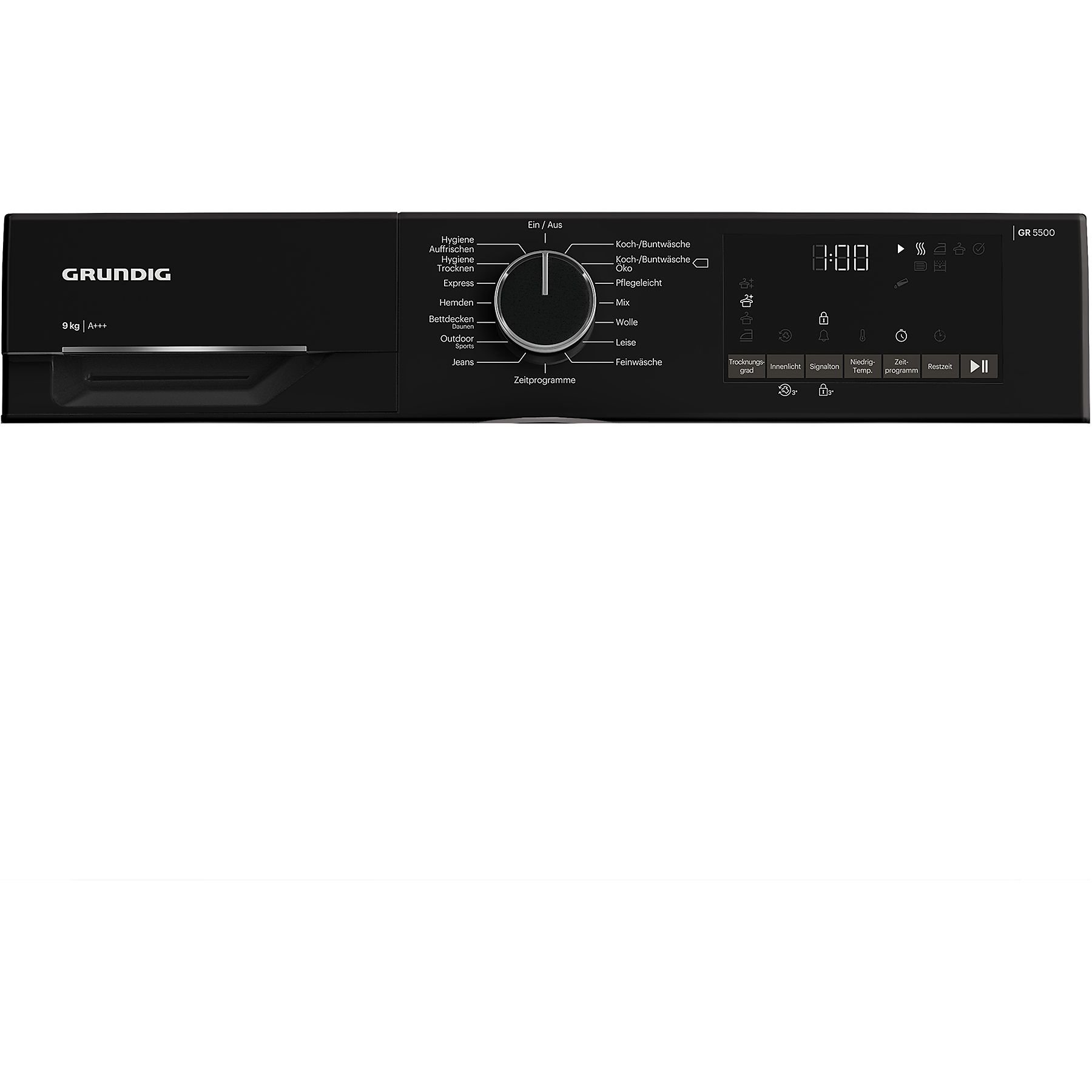 Nahaufnahme des LED-Displays und der Sensortasten des Grundig Trockners